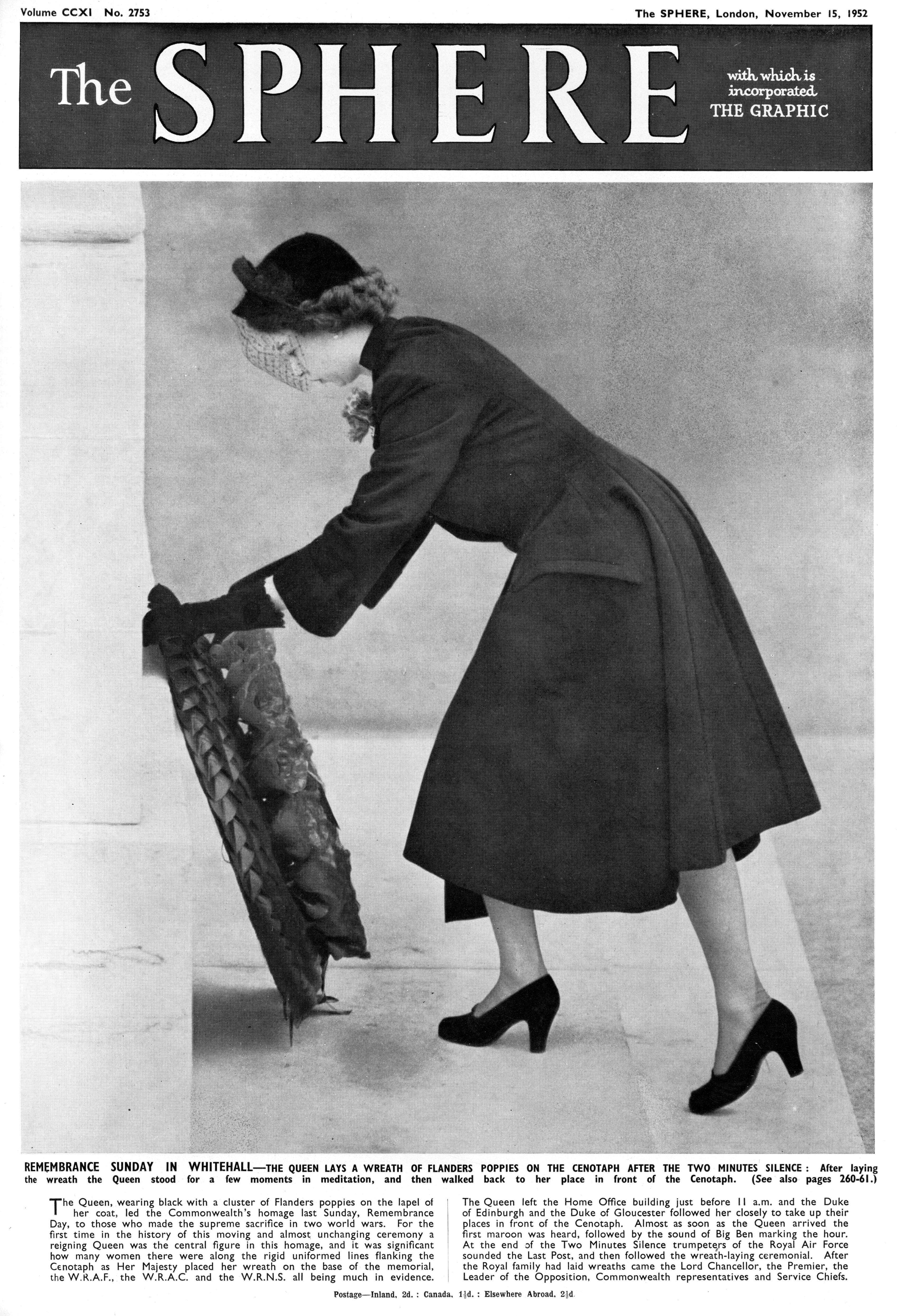 Queen Elizabeth Tribute - lays a wreath at the Cenotaph in 1952, before the accession,on the cover of The Sphere magazine